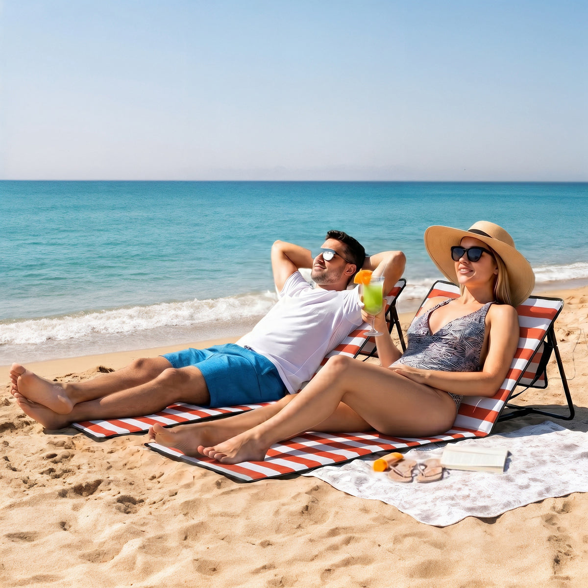 Outsunny Set of 2 Foldable Garden Beach Chair Mat in Black and Red and White
