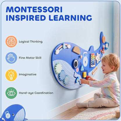 AIYAPLAY Whale Activity Wall Busy Board, 13 in 1 Montessori Inspired Sensory Wall Panel for Playroom Nursery Boys Girls 2+, Blue