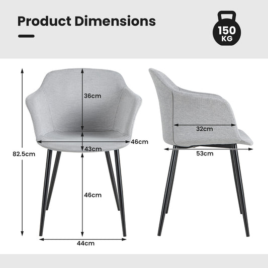 Product dimensions diagram for the white dining chairs, showing height and width