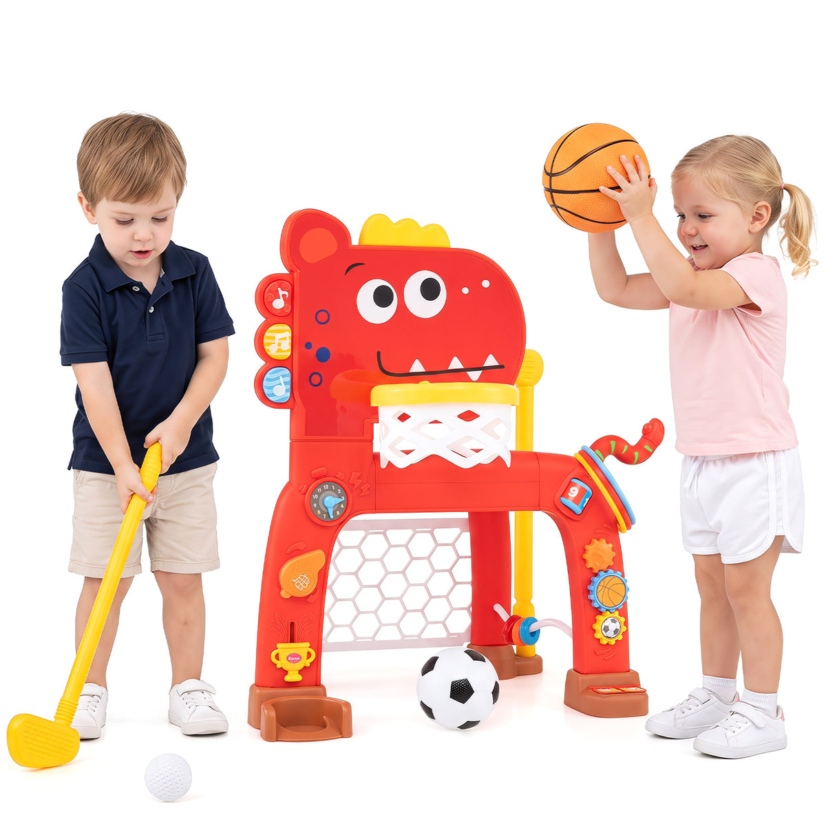 Two children playing with the red dinosaur activity centre, one with a golf club