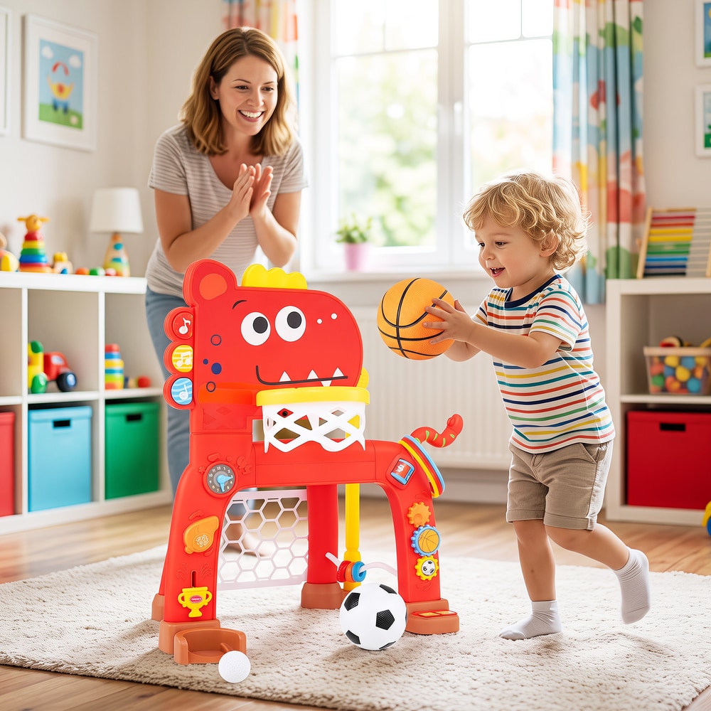 A mother and son playing with the red dinosaur activity centre indoors