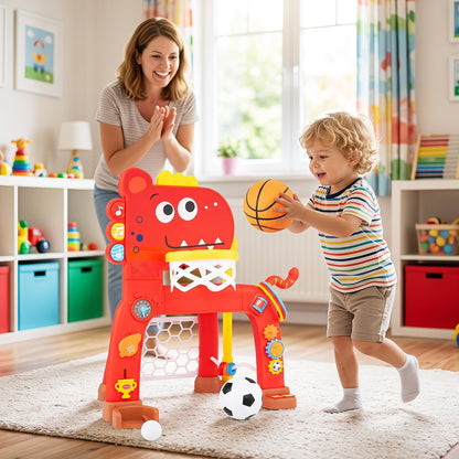 A mother and son playing with the red dinosaur activity centre indoors