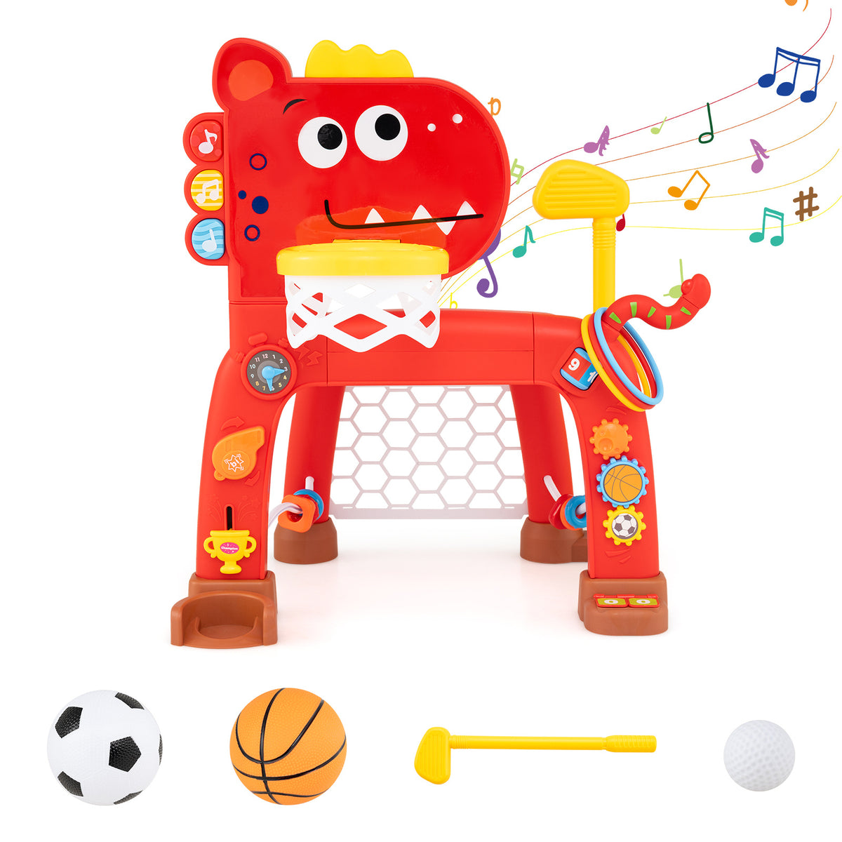 Dinosaur Toddler Basketball Hoop and Soccer Ball Activity Center with basketball hoop, soccer goal, and ring toss