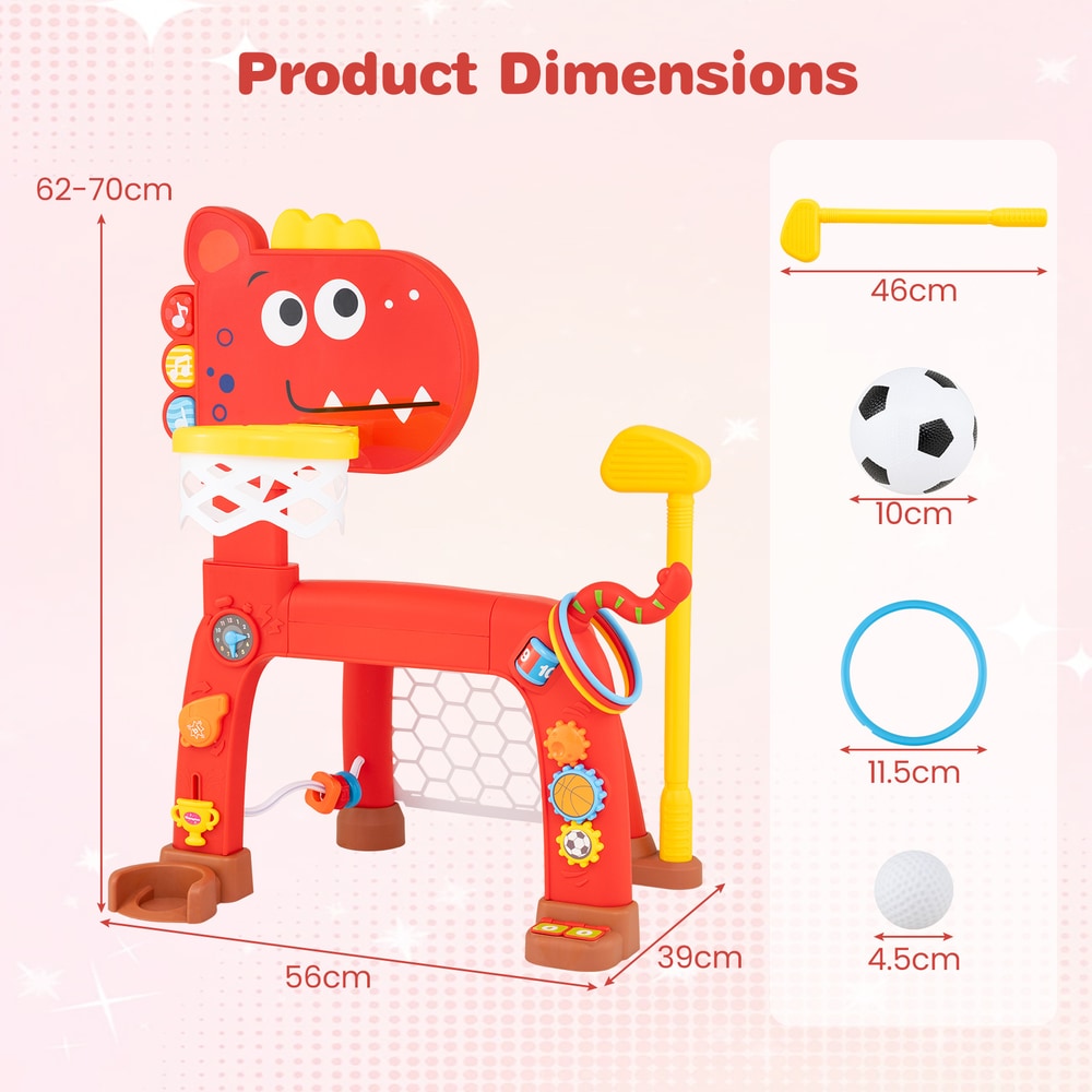 Product dimensions diagram for the red dinosaur activity centre