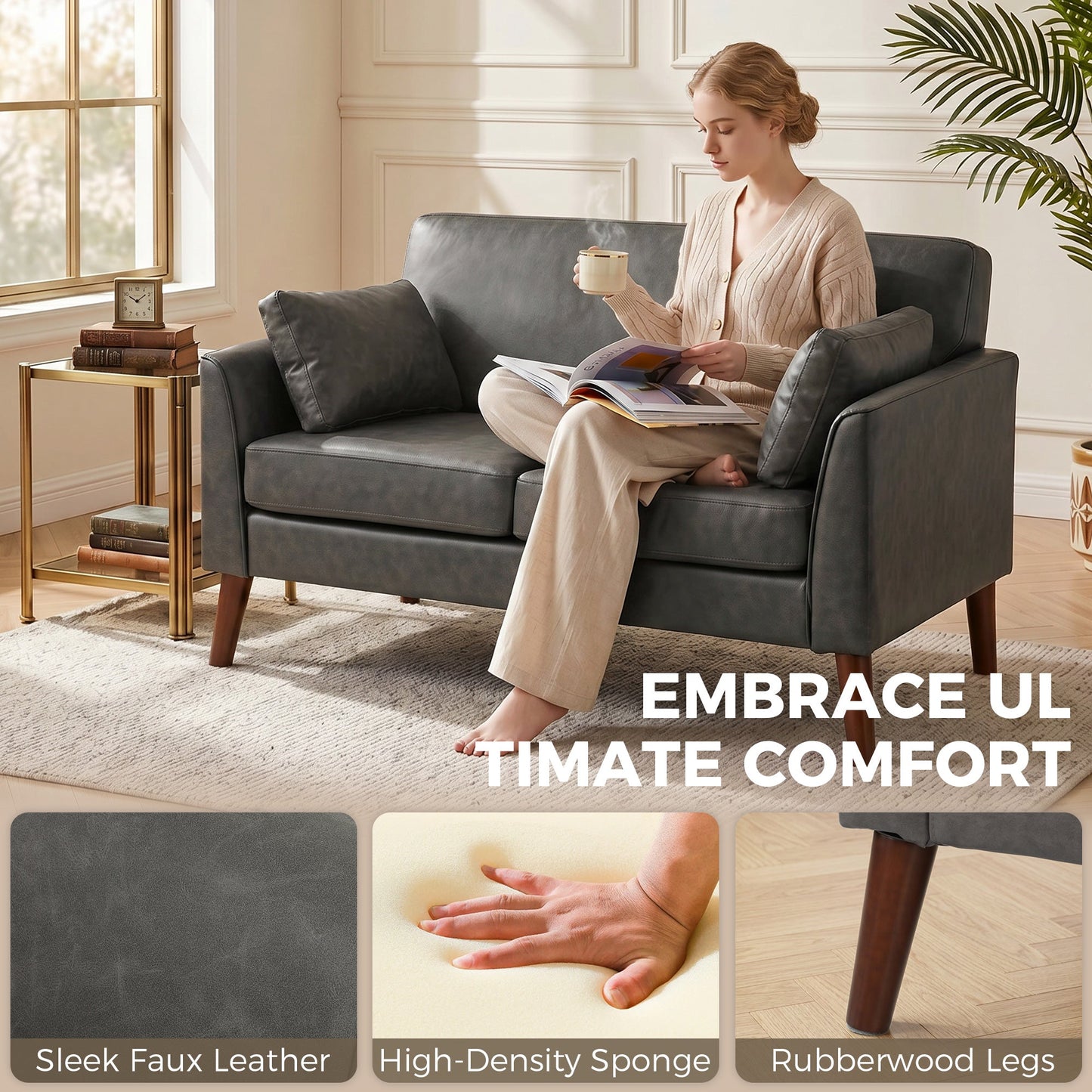 HOMCOM 2 Seater Sofa, 132 cm Modern Small Sofa with Solid Wood Legs and 2 Pillows for Small Space, Grey