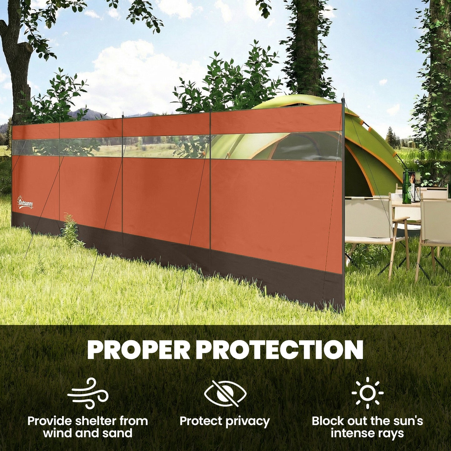 Outsunny Camping Windbreaker with Clear Windows, Carry Bag and Steel Poles, for Beach Caravan Campervan, 725 x 140cm, Orange