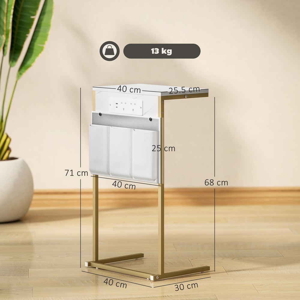 HOMCOM C-Shaped Bedside Table with Charging Station in White