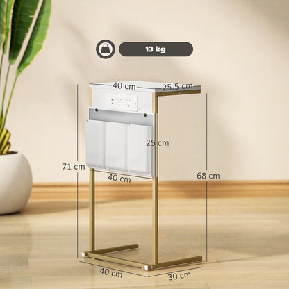 HOMCOM C-Shaped Bedside Table with Charging Station in White
