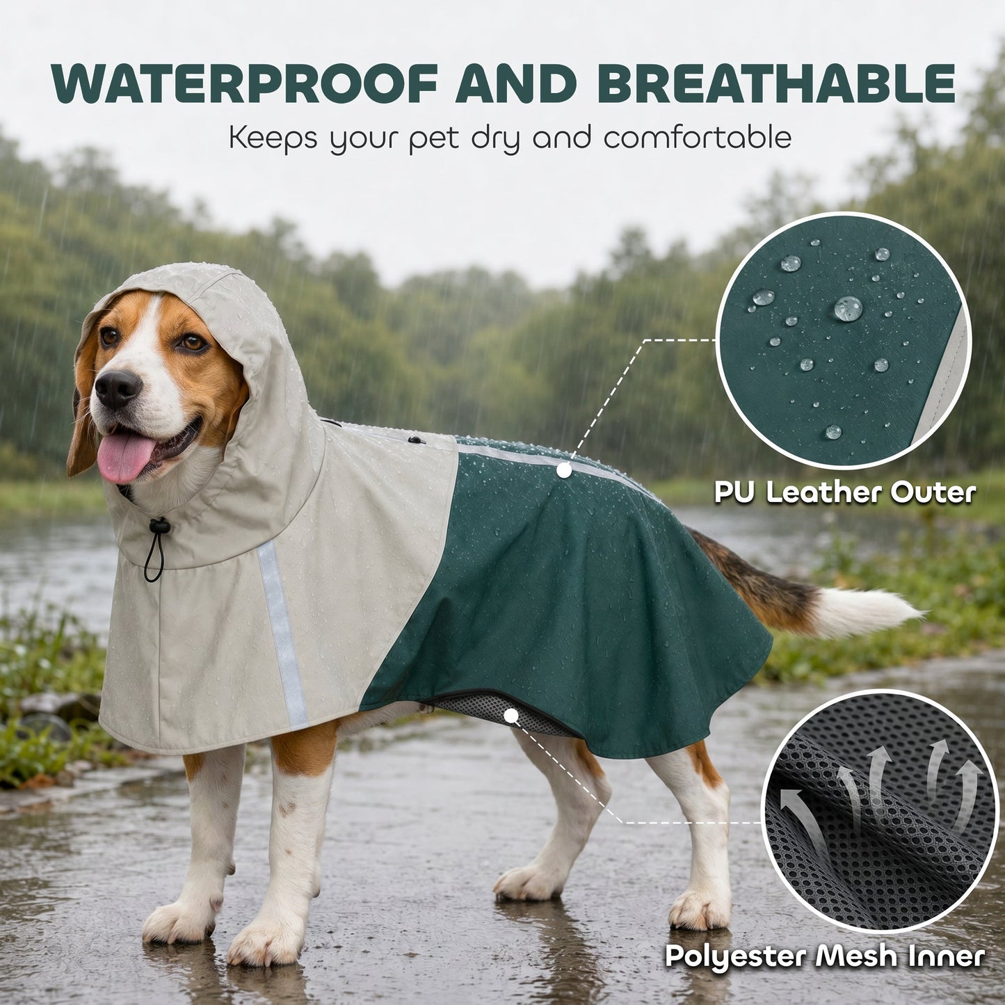 PawHut Dog Raincoat with Hood, Waterproof & Breathable Rain Jacket with Leash Hole, for Medium Dogs, Green, M