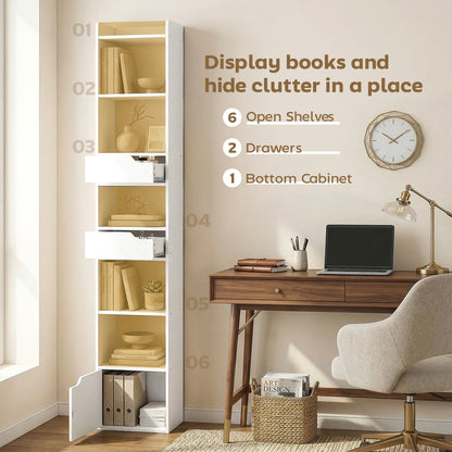 HOMCOM Bookcase Tall Narrow with 5 Tiers and Drawers Freestanding Bookshelf Storage Cabinet for Living Room White Wood Effect