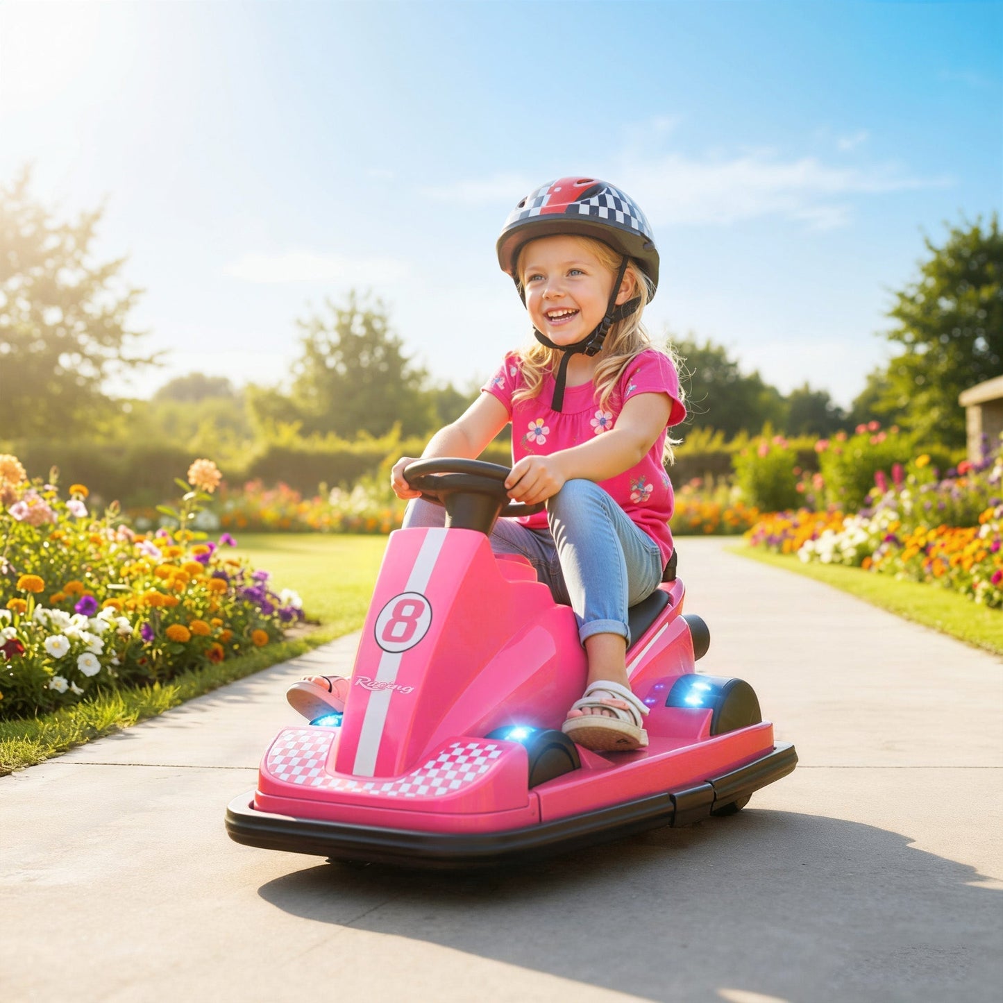 AIYAPLAY Kids Bumper Car, 360 degrees Rotation Spin Electric Waltzer Car with LED Lights, Music for Ages 3-8 Years Old, Pink