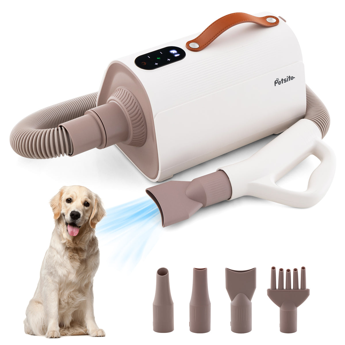Dog Cat Hair Blower with Negative Ion Function showing the main unit, hose and four nozzles