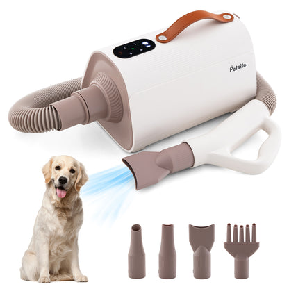 Dog Cat Hair Blower with Negative Ion Function showing the main unit, hose and four nozzles