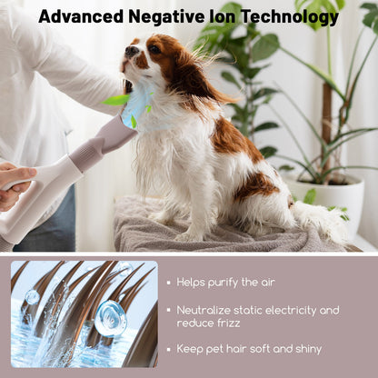 Close up of the negative ion technology in action on wet dog hair