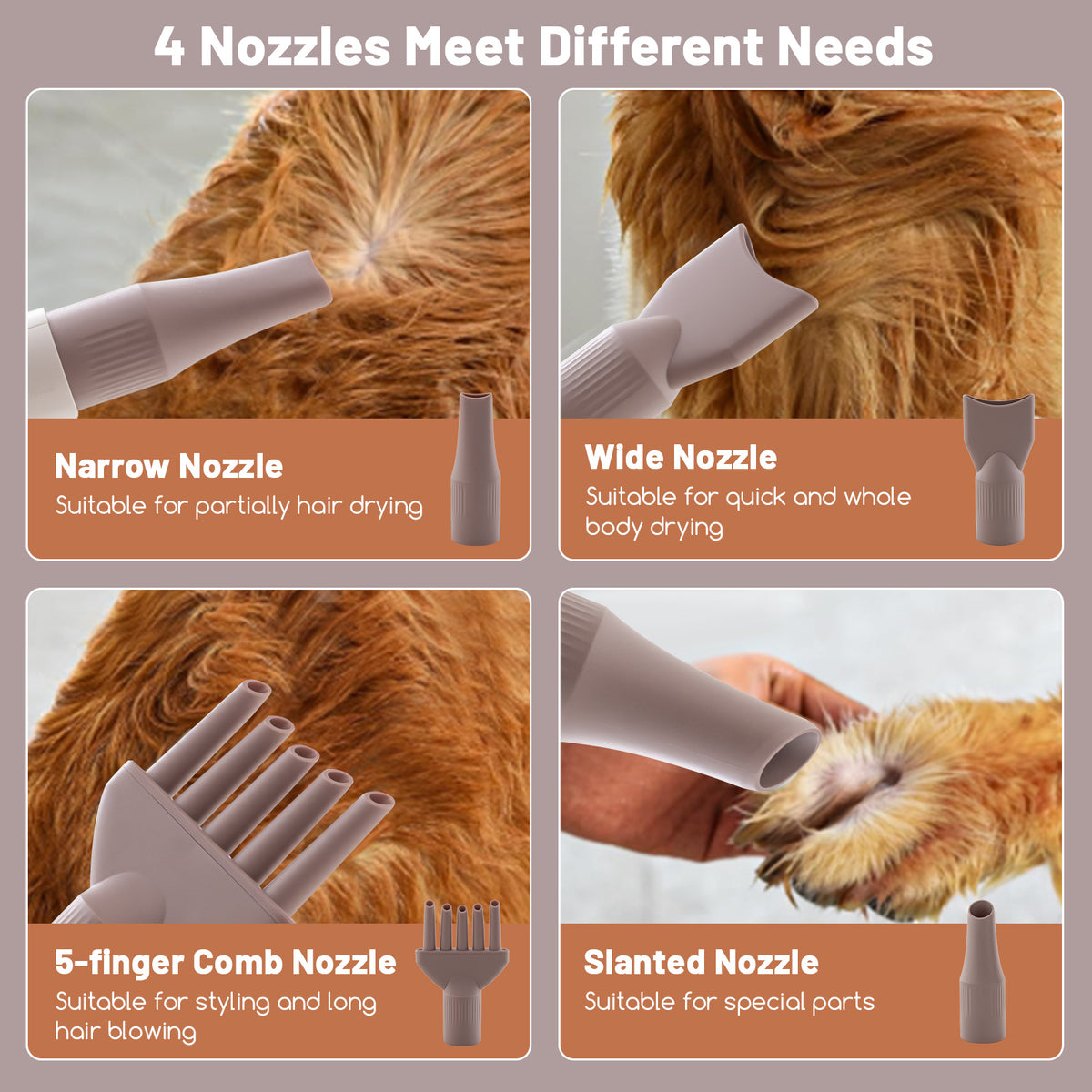 Four different nozzles for the pet hair dryer shown close up