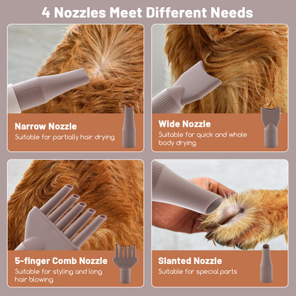 Four different nozzles for the pet hair dryer shown close up