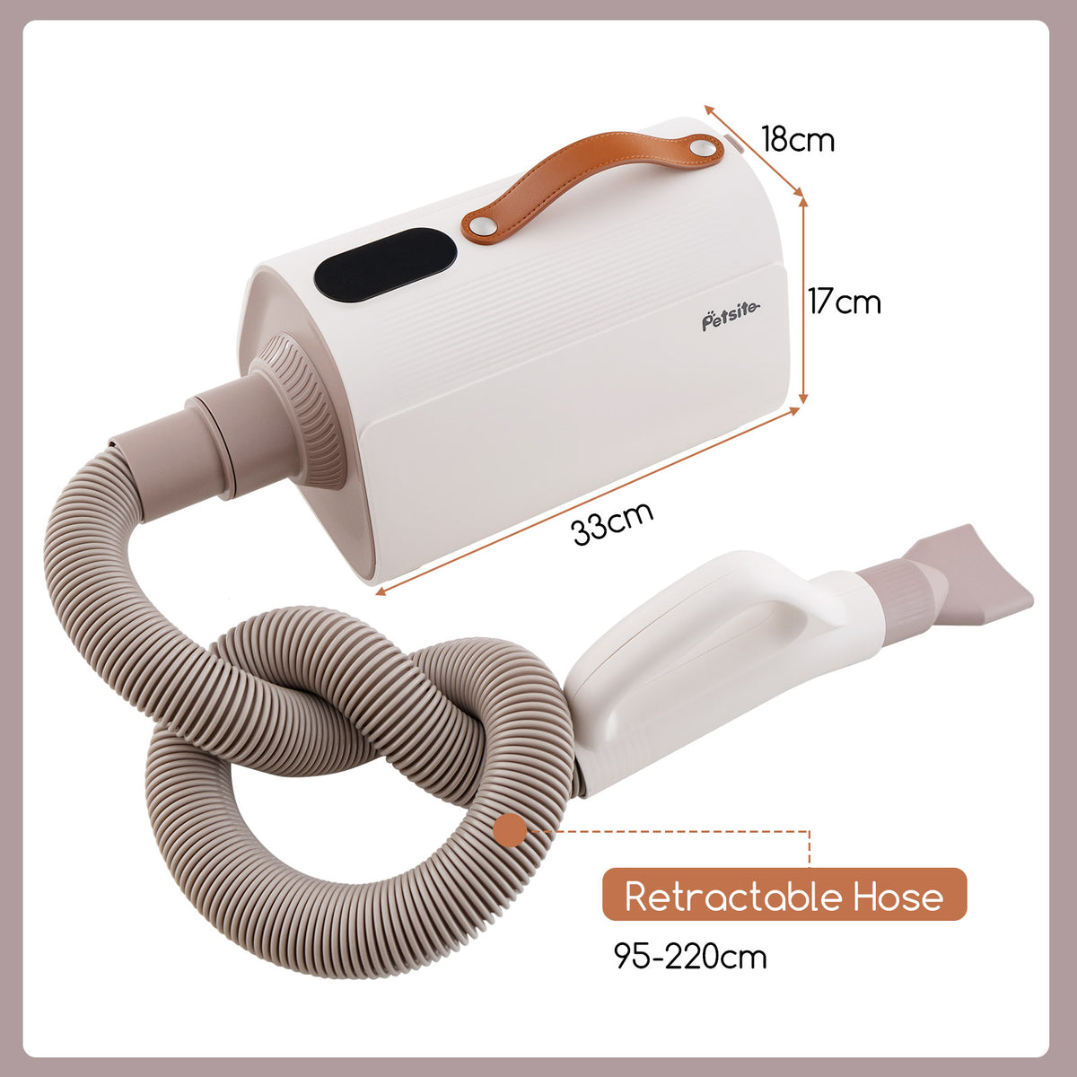 The dog and cat hair dryer with its hose extended and retracted