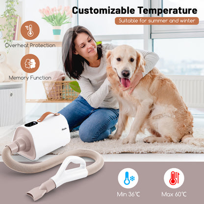 A woman and dog next to the pet hair dryer showing temperature settings