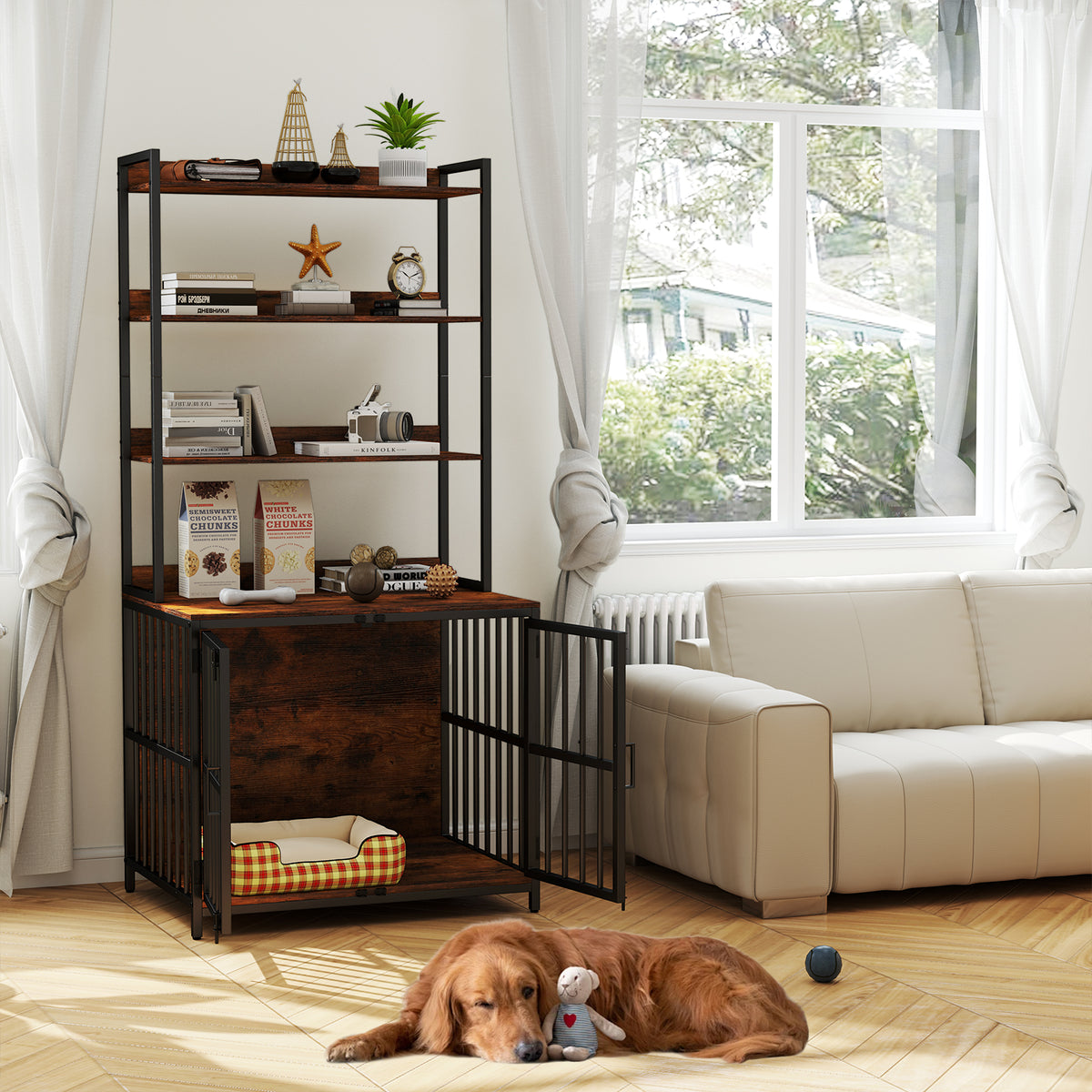 The dog supplies unit placed in a bright living room with a large dog resting on the floor