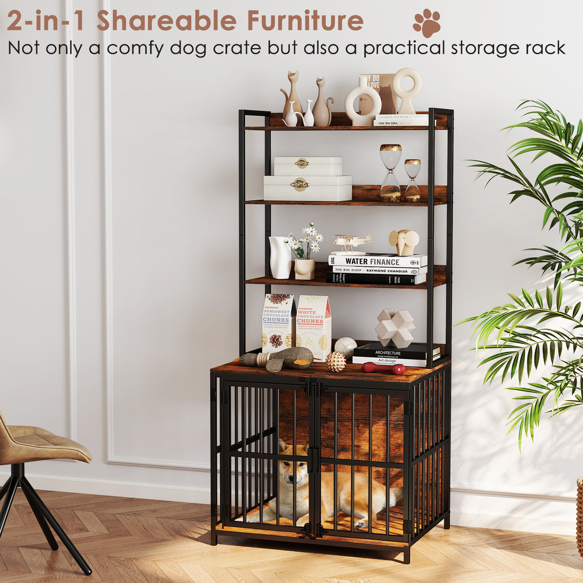 The storage unit with a dog inside the crate and decorative items displayed on the shelves