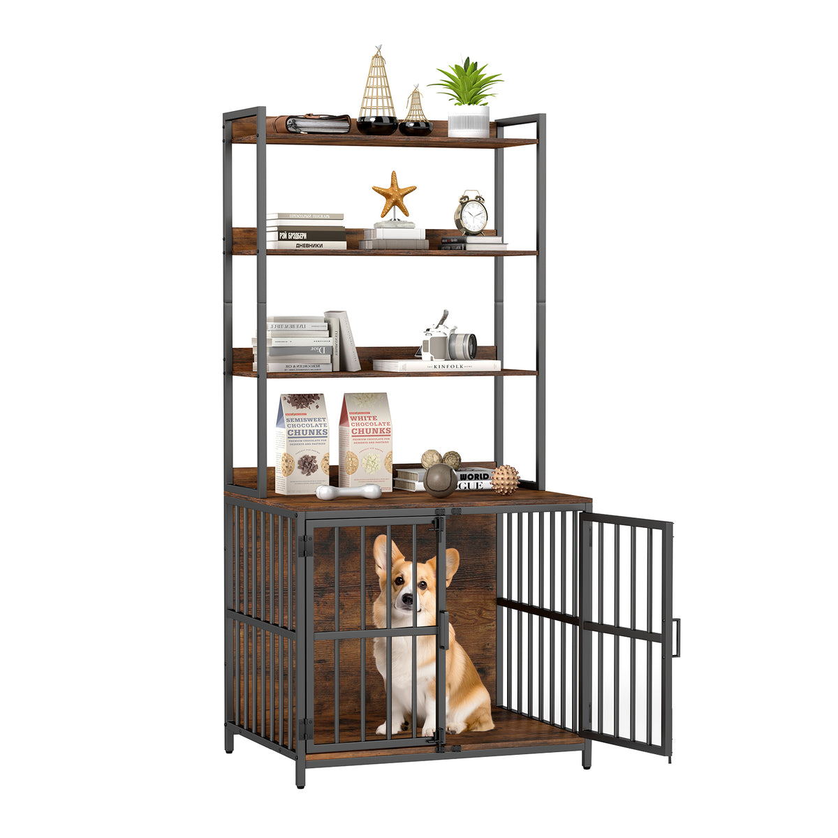 Dog Crate Furniture with a small dog sitting inside the metal enclosure and books on the shelves