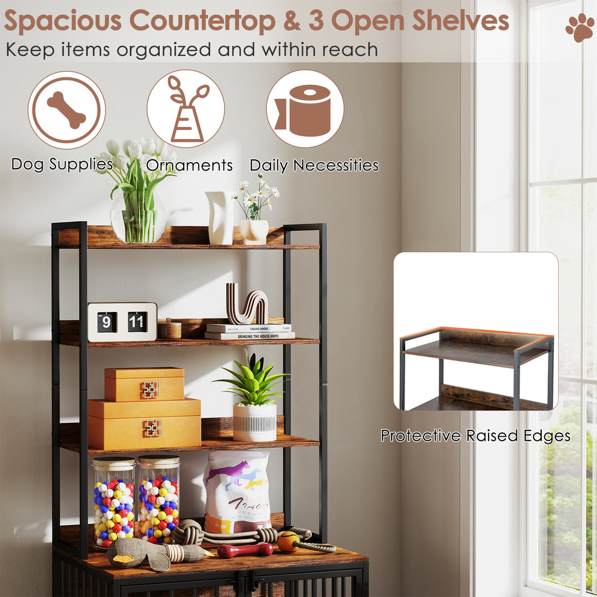 The storage shelves of the dog supplies unit showing decorative items and raised edges