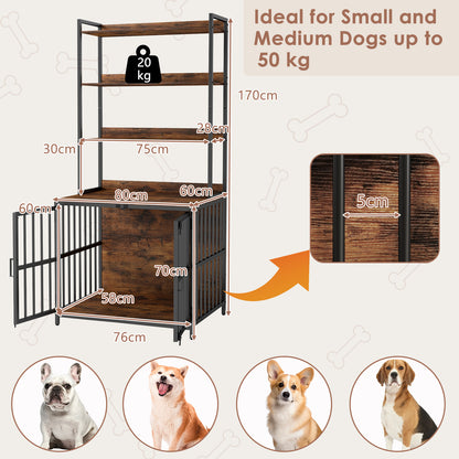 The dog supplies unit with dimension labels and examples of dog breeds that fit inside