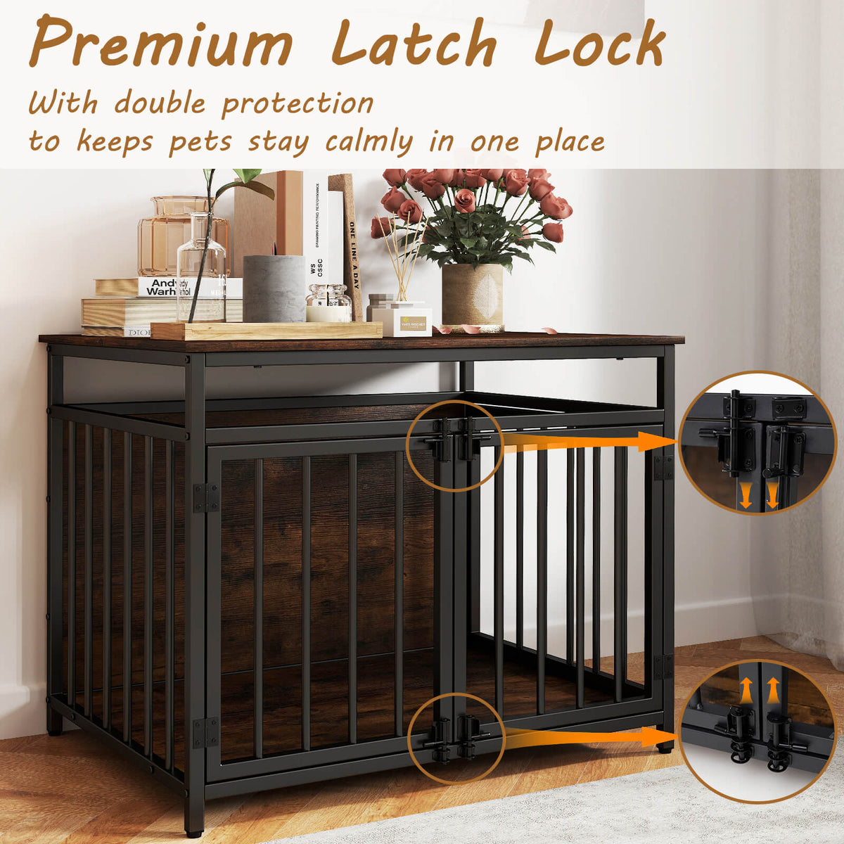 The dog kennel highlighting the latch lock mechanism on the metal doors