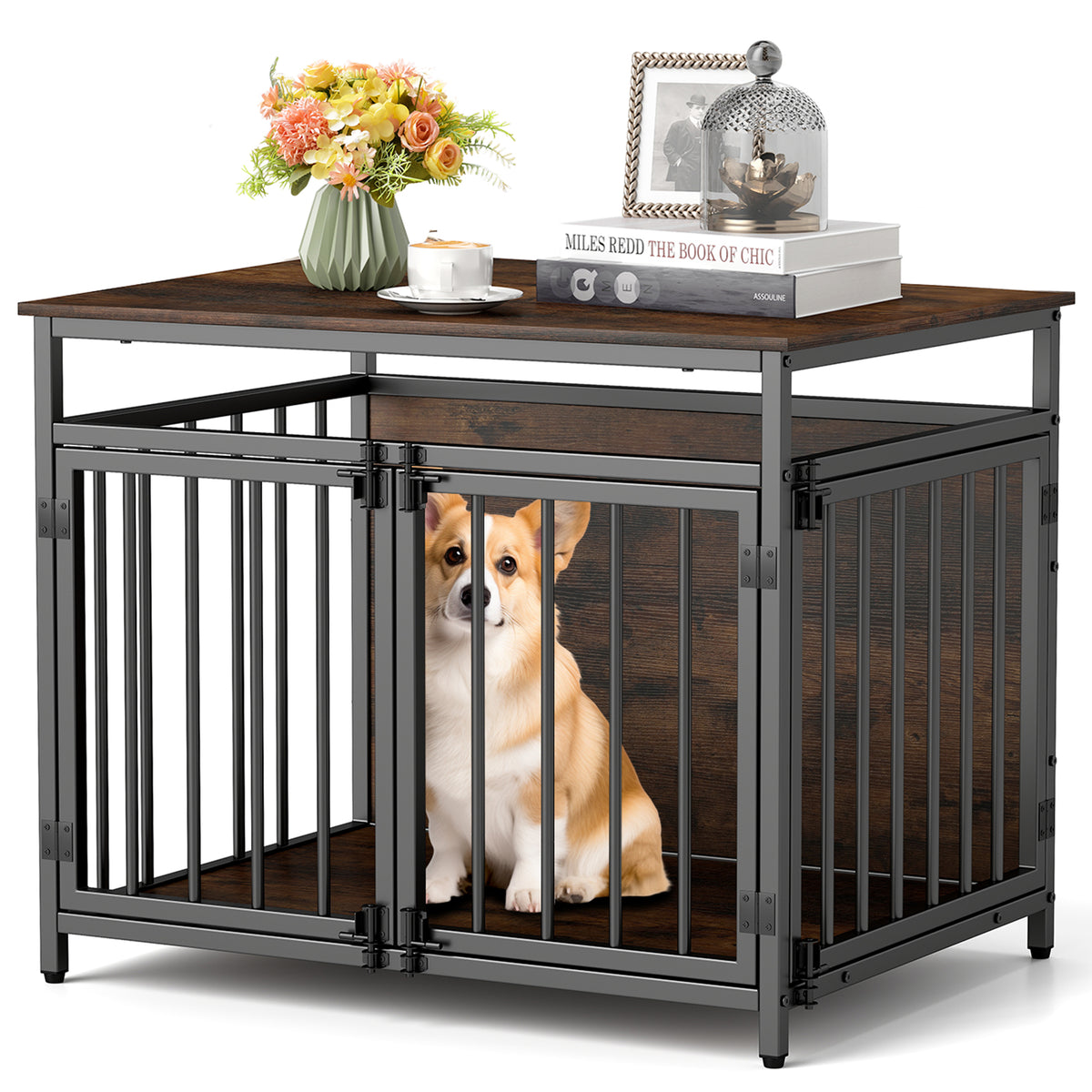 The dog kennel with all doors closed and decorative items on the top surface