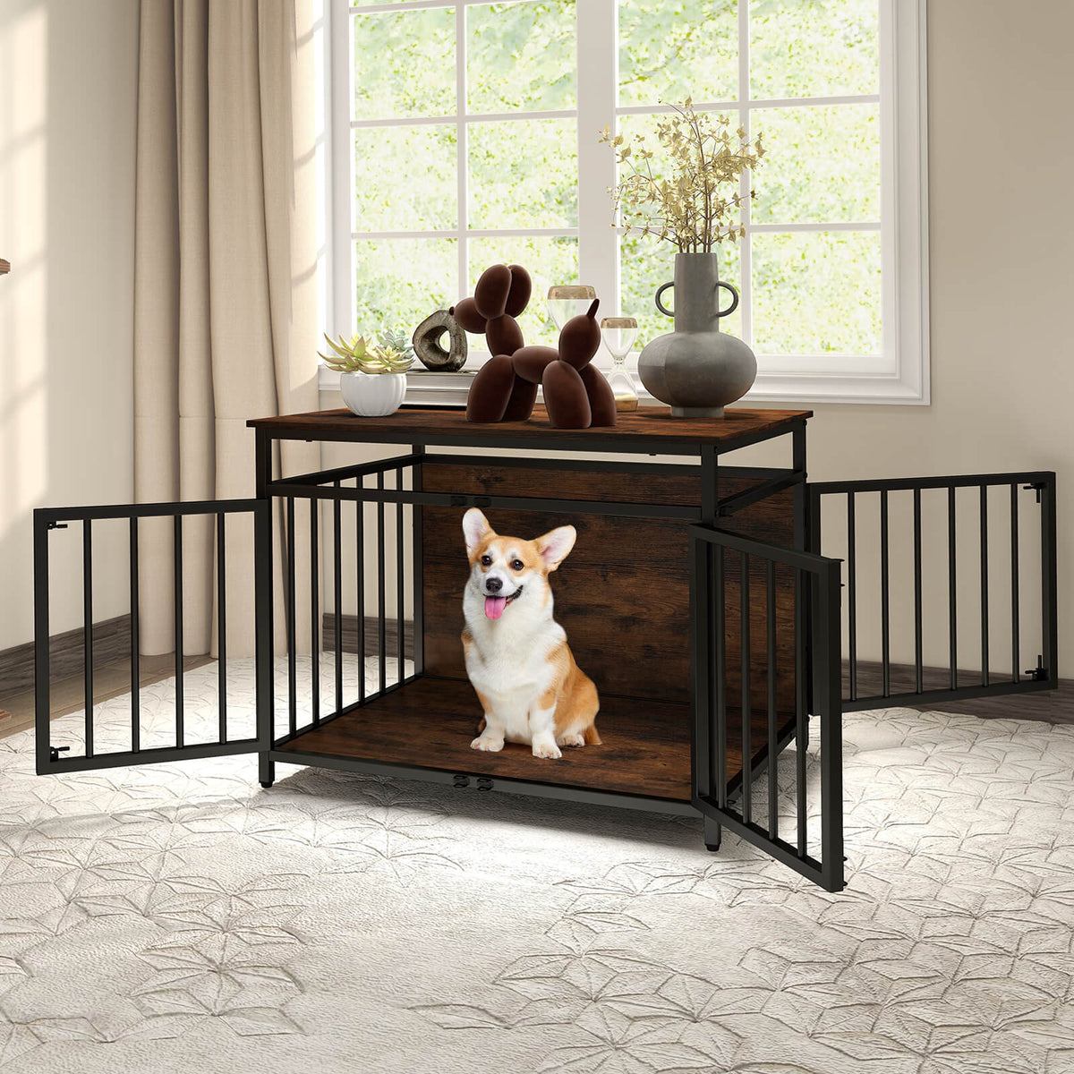 The dog kennel placed in a bright living room with a dog sitting inside