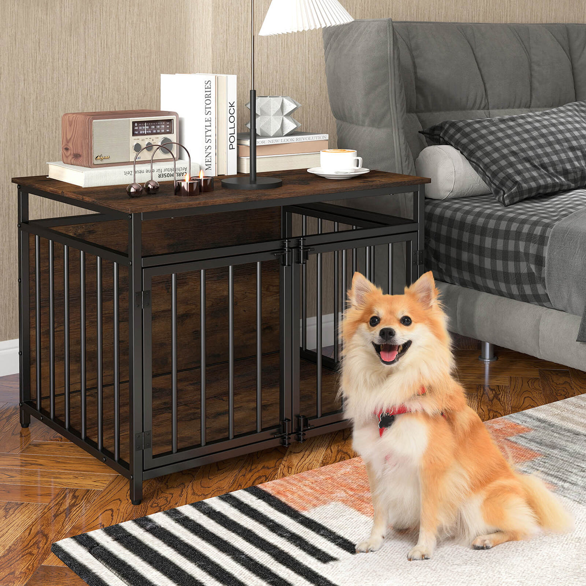 The dog kennel used as a side table next to a bed with a dog sitting nearby
