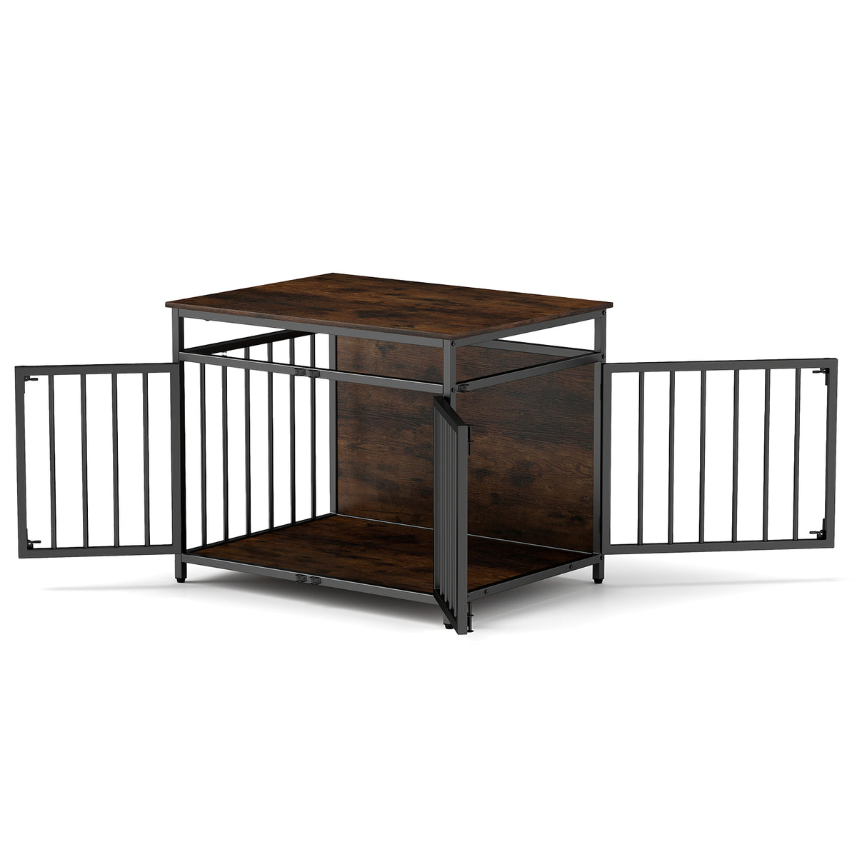 Dog Crate with Three Doors shown with all metal doors open on a white background