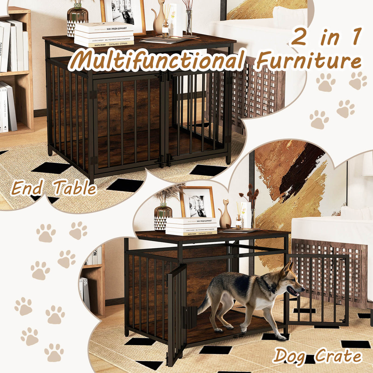 The dog kennel shown as both a side table and a pet enclosure in a collage