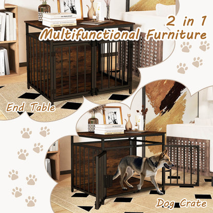 The dog kennel shown as both a side table and a pet enclosure in a collage