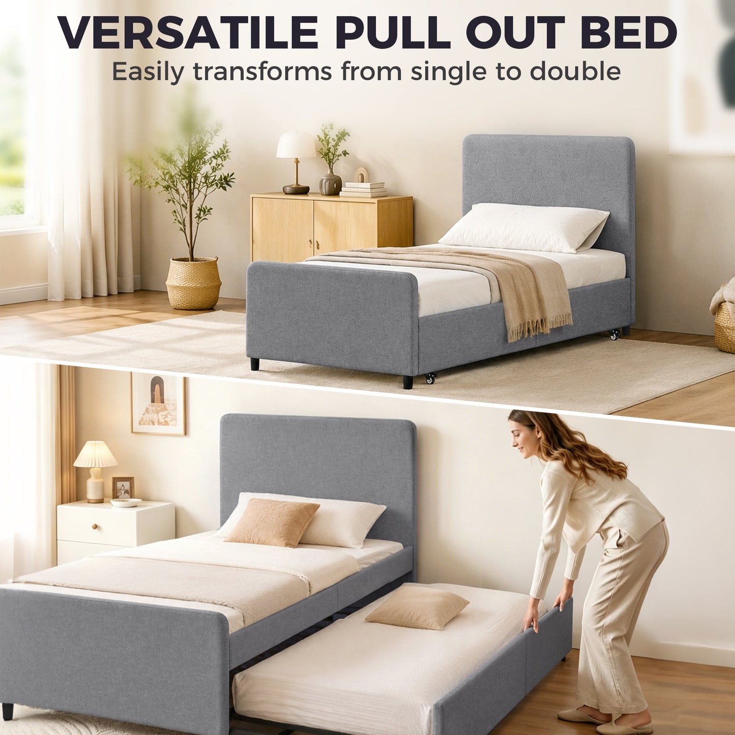 HOMCOM 3ft Single Bed Frame with Trundle, Upholstered Pull Out Trundle Bed with Headboard and Footboard, Dark Grey