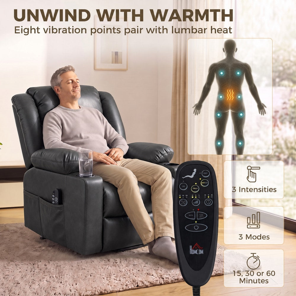 HOMCOM Riser Recliner Chair with Massage and Heat for Elderly, PU Leather Power Electric Lift Armchair, Cup Holders, Dark Grey