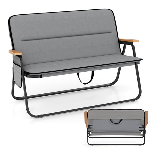 Double Camping Chair 2-Person with detachable cushion and side pocket in grey