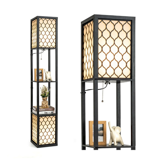 Double Floor Lamp shown in full and as a close-up of the top section with shelves and decor