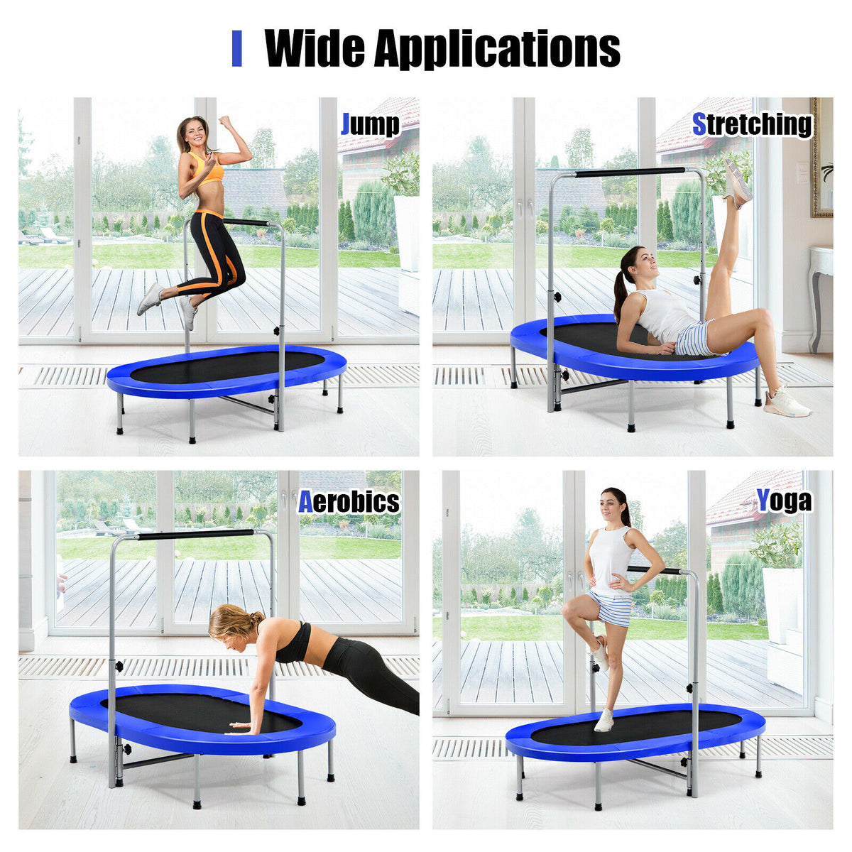 Four different exercises being performed on the blue fitness trampoline