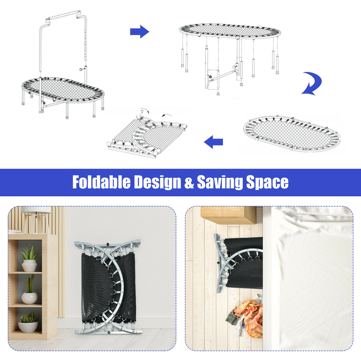 Diagram showing the folding mechanism of the blue fitness trampoline and its storage