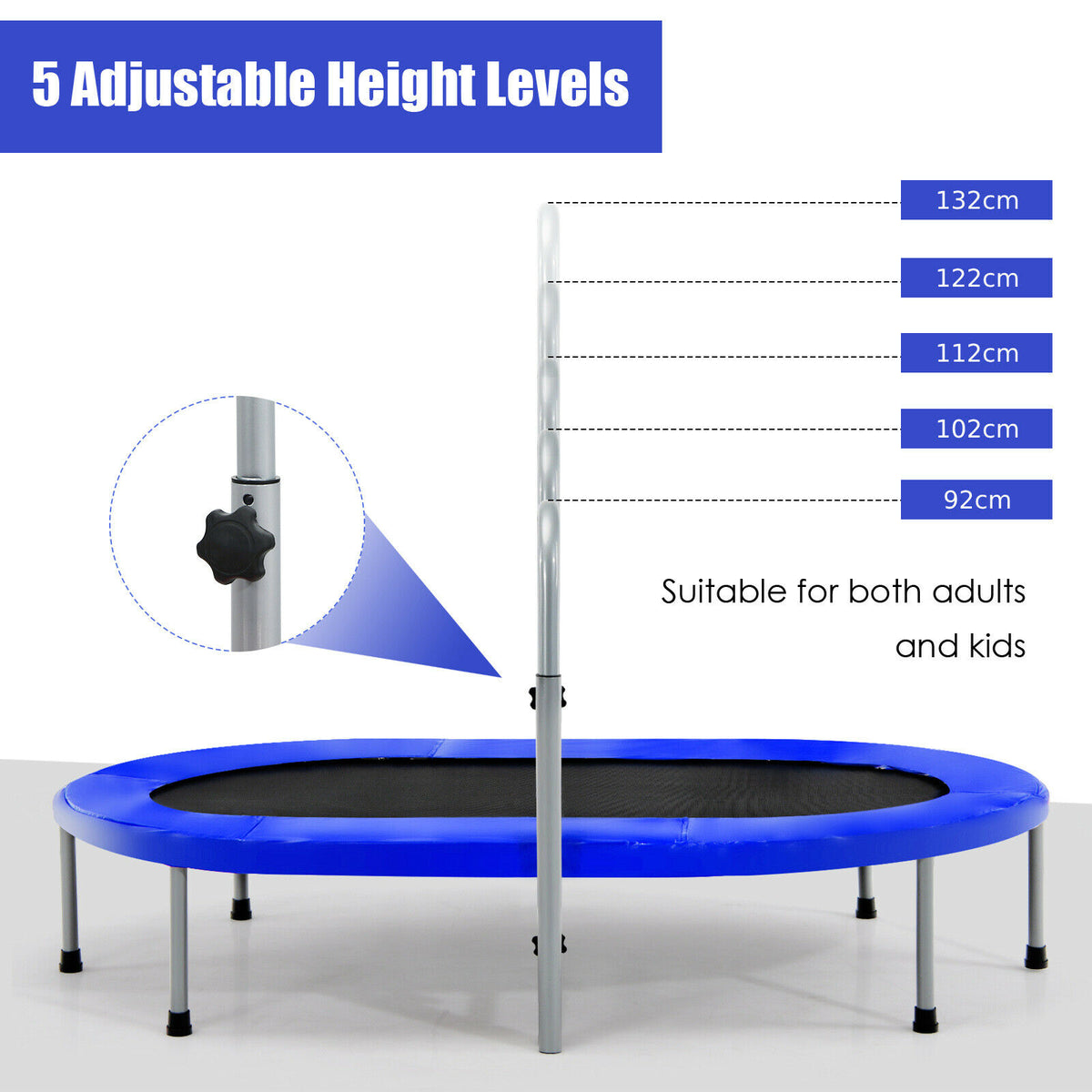 Close-up of the adjustable handrail on the blue fitness trampoline showing height levels