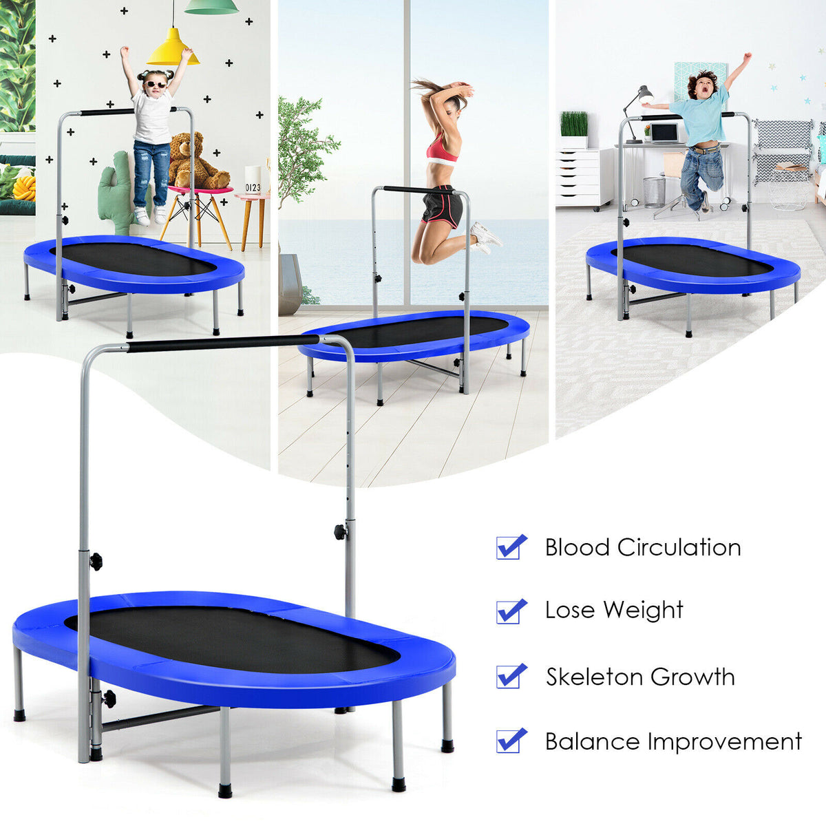 Collage of a blue fitness trampoline in different settings and with different users