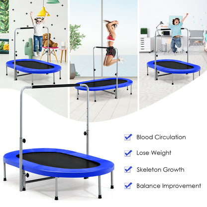 Collage of a blue fitness trampoline in different settings and with different users