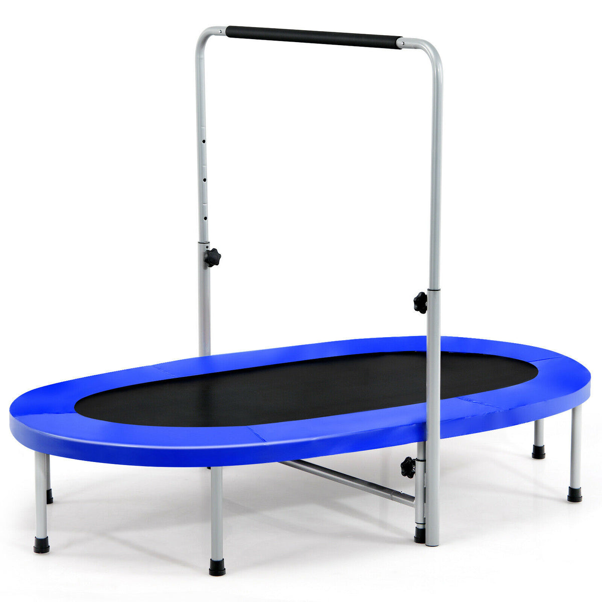 Double Foldable Fitness Trampoline with Adjustable Handrail in blue with a silver frame and black mat