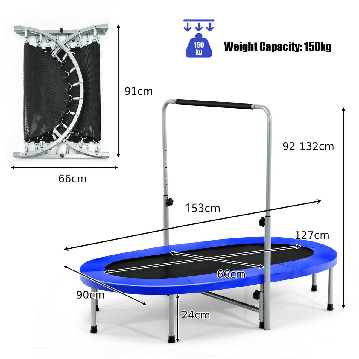 A diagram showing the dimensions of the blue fitness trampoline and its weight capacity