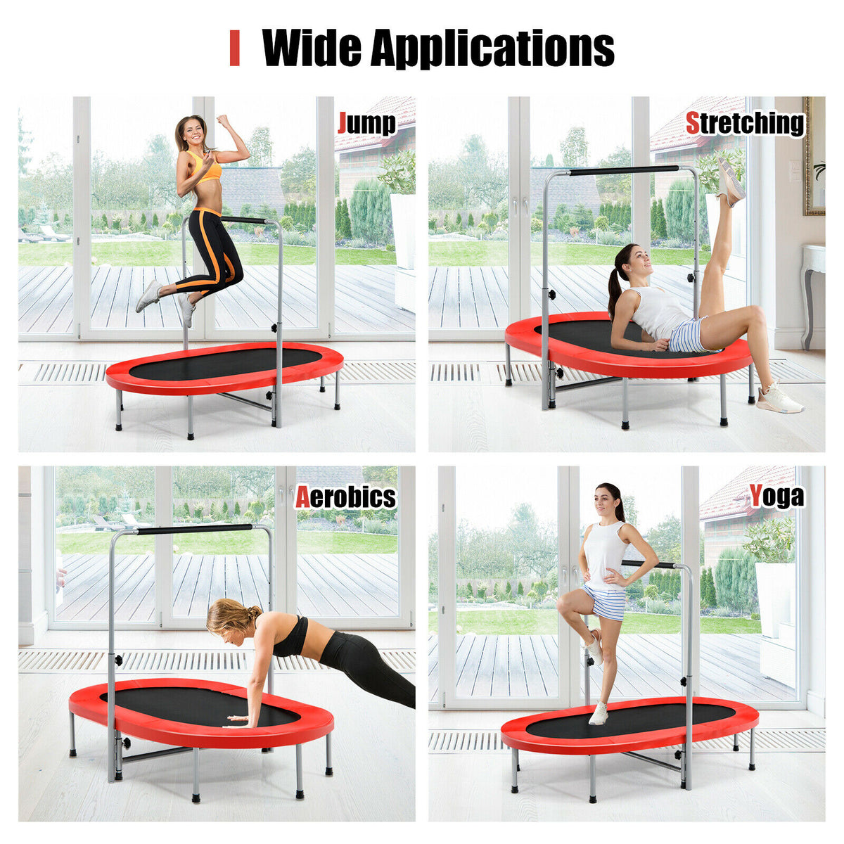 The fitness trampoline being used for four different types of exercise routines