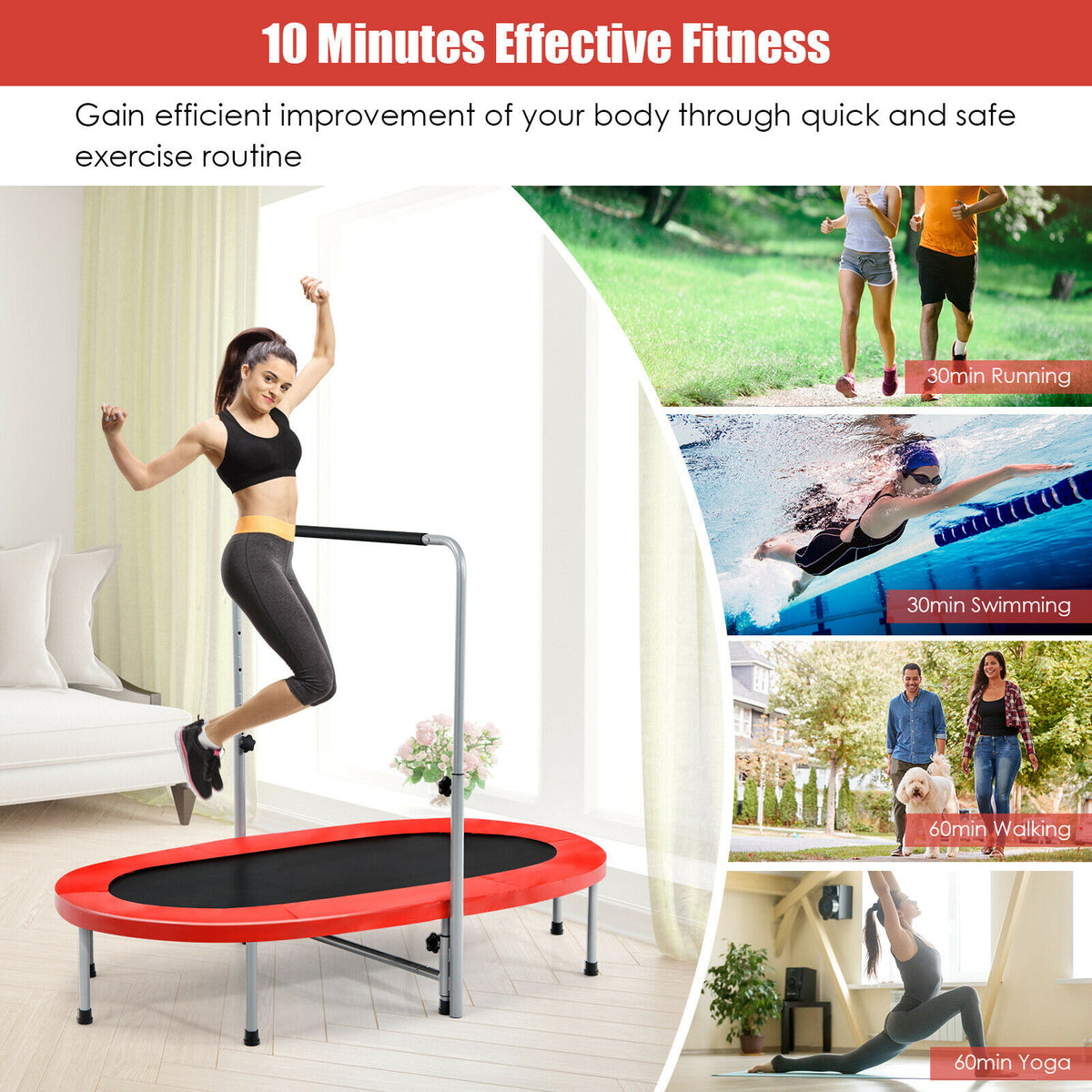 The fitness trampoline shown in a living room alongside other exercise examples