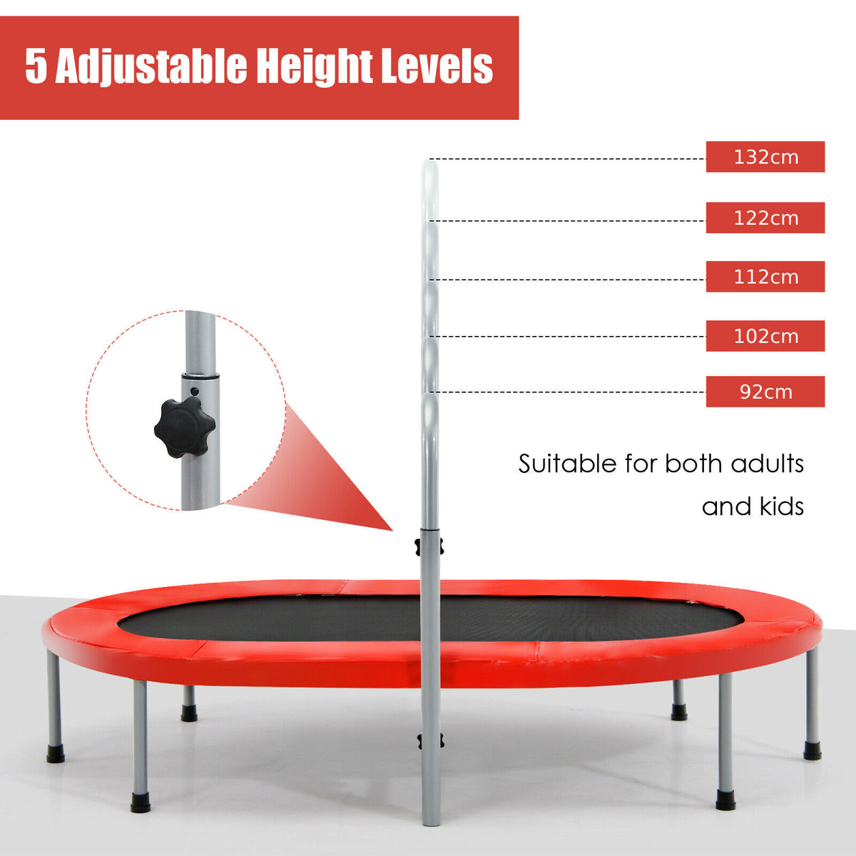 The fitness trampoline highlighting the five adjustable handrail height settings
