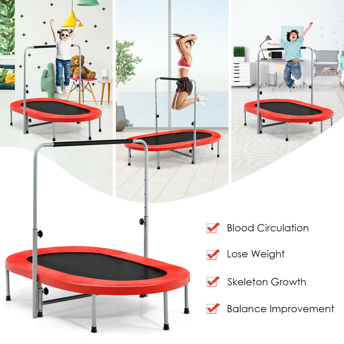 The fitness trampoline shown in various home settings with health benefit text