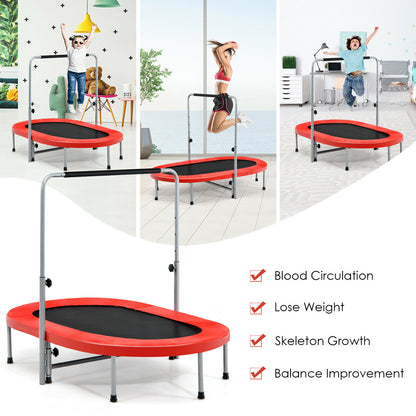 The fitness trampoline shown in various home settings with health benefit text